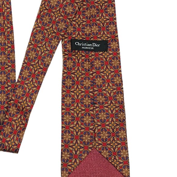 Vintage Christian Dior Men’s Silk Tie Tan Red Geometric 60 inch Designer Tie New - Picture 4 of 4